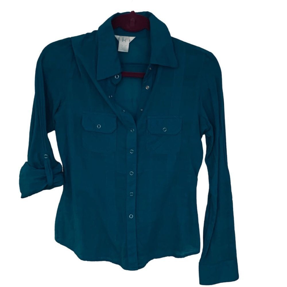 Teal blue green medium Junior’s button down collared blouse